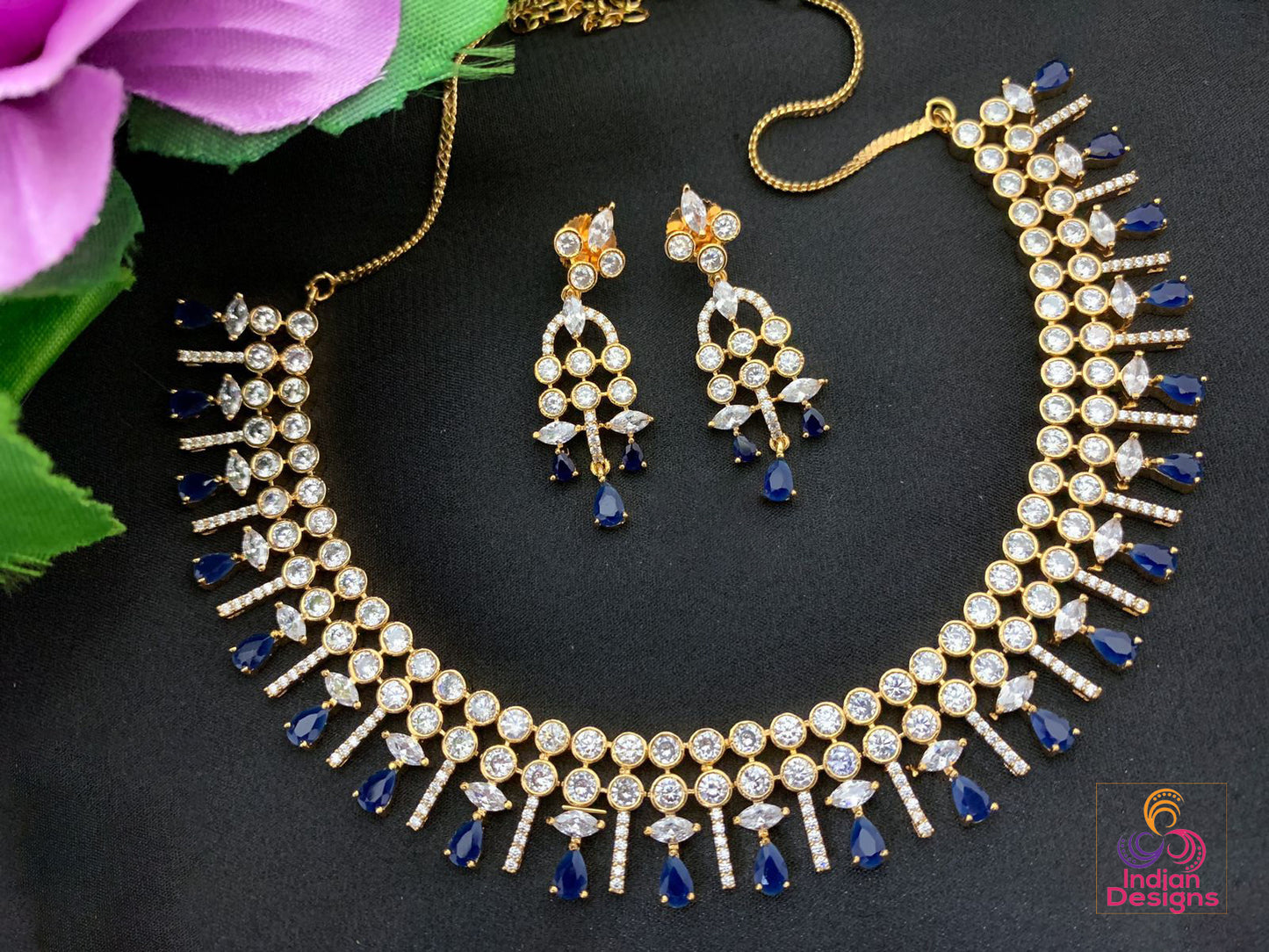 Gold-plated Pink American diamond necklace jewelry | Rose quartz crystal necklace | statement necklace and earring set | Indian Designs