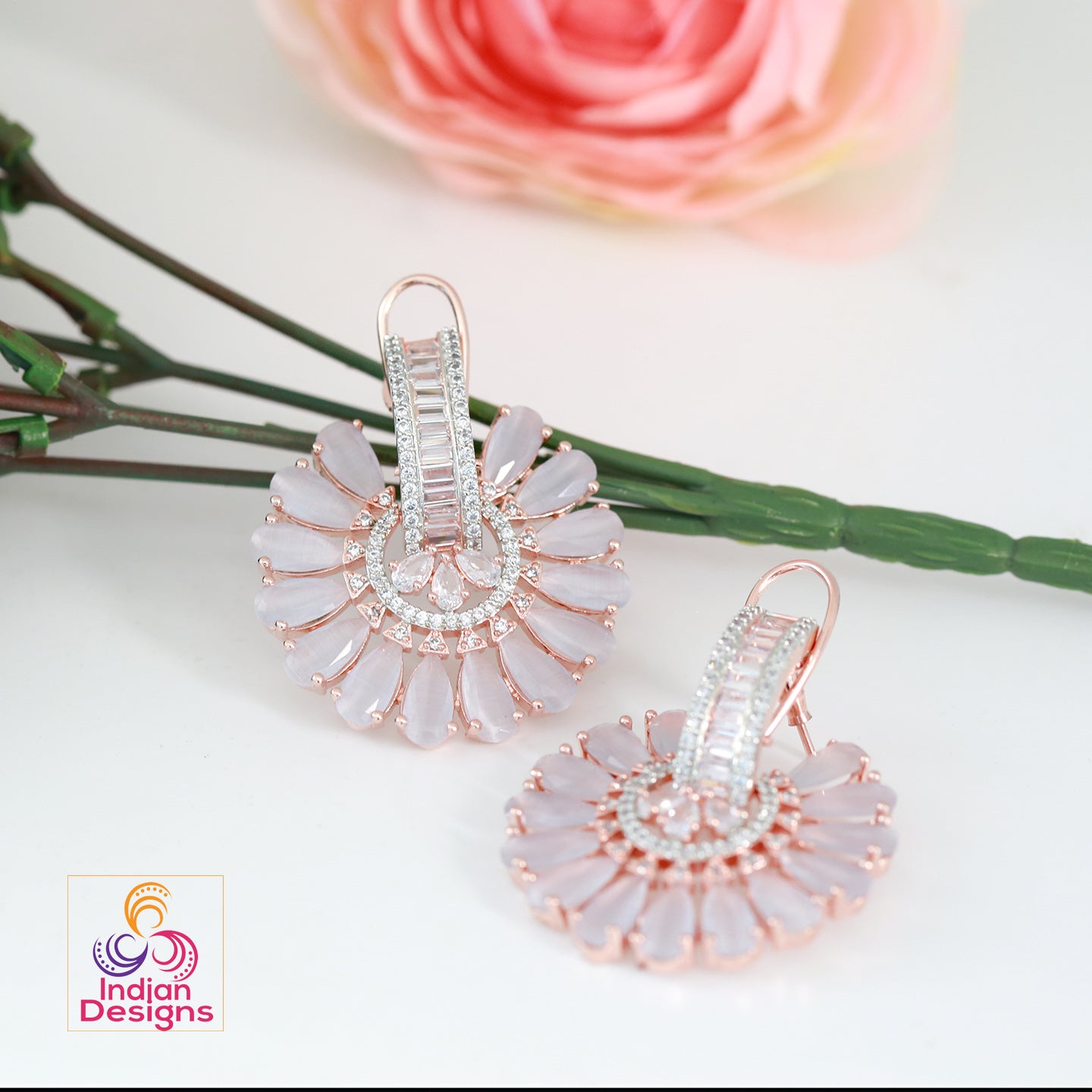 Big flower stud Crystal earrings | Ad stud earrings Pink stones | Rose Gold Plated American Diamond stud Earrings | Bollywood style CZ Studs