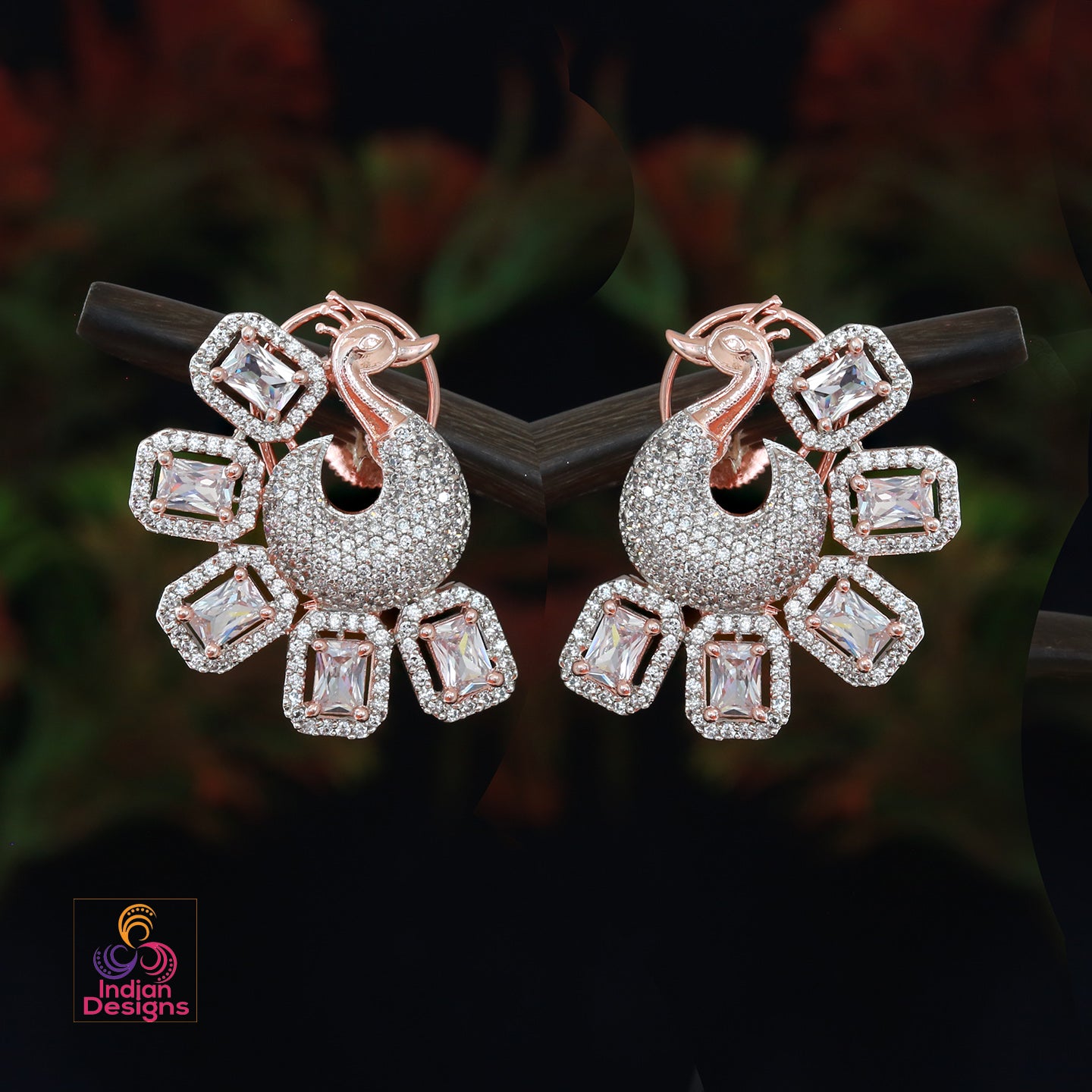 Silver CZ Crystal peacock stud Earrings | American Diamond Stud earring | Indian Pakistani wedding Earrings | Rose gold CZ stud Earrings