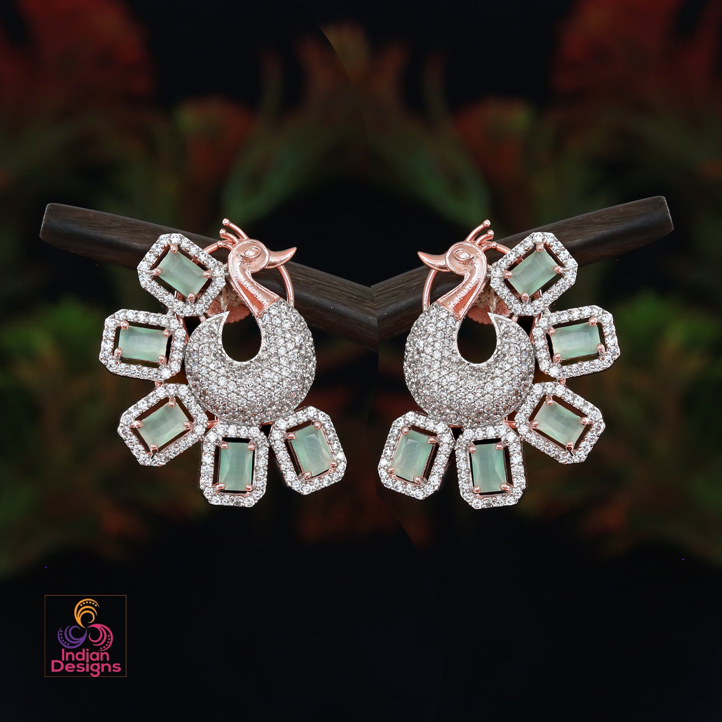 Silver CZ Crystal peacock stud Earrings | American Diamond Stud earring | Indian Pakistani wedding Earrings | Rose gold CZ stud Earrings