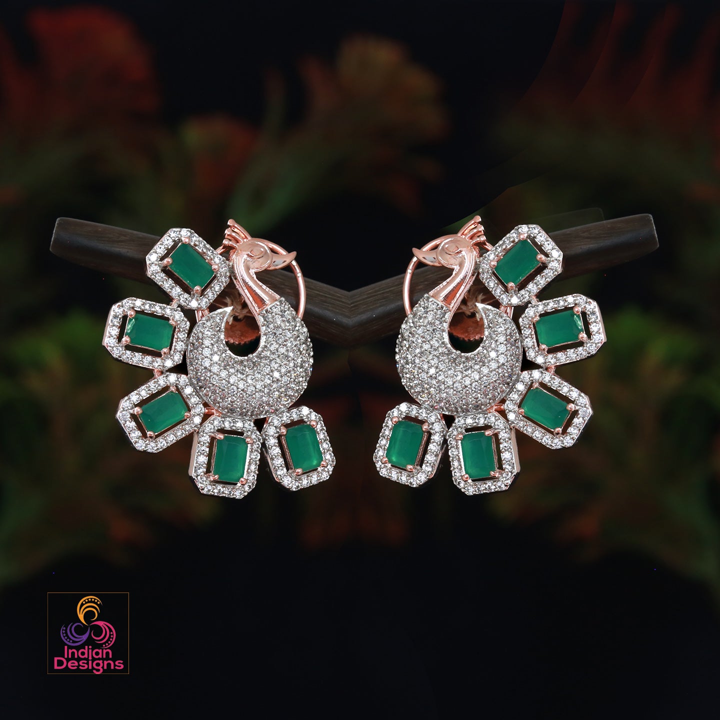 Silver CZ Crystal peacock stud Earrings | American Diamond Stud earring | Indian Pakistani wedding Earrings | Rose gold CZ stud Earrings