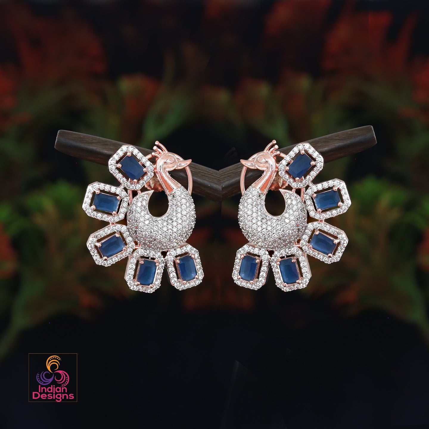 Silver CZ Crystal peacock stud Earrings | American Diamond Stud earring | Indian Pakistani wedding Earrings | Rose gold CZ stud Earrings