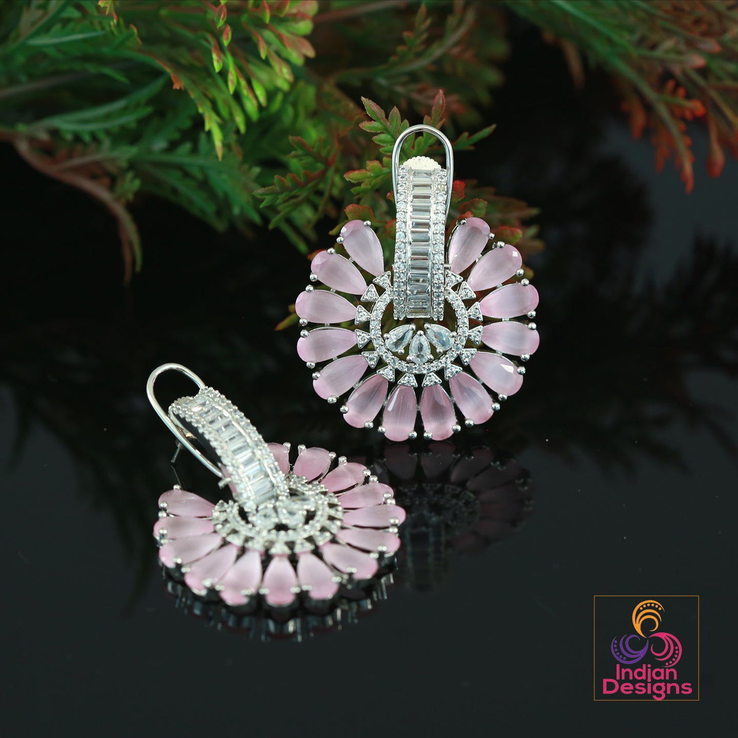 Big flower stud Crystal earrings | Ad stud earrings Peach stones | Rhodium Plated American Diamond stud Earrings | Bollywood style CZ Studs
