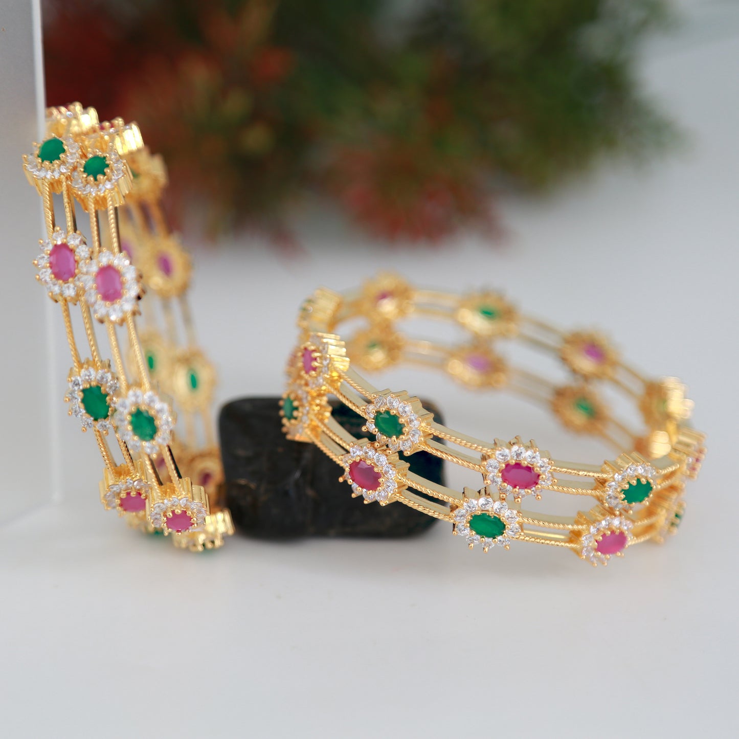 High quality 22k Gold plated American Diamond Ruby emerald stone bangles set of 4