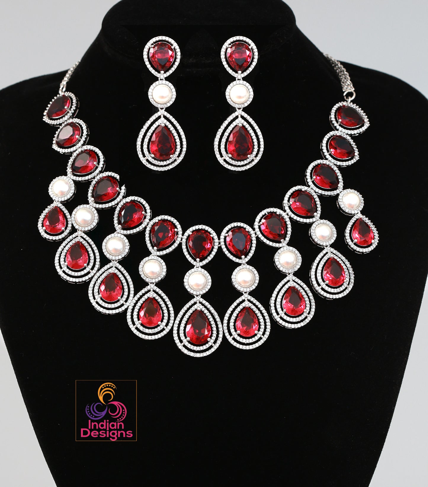 Exclusively High quality American diamond Tear drop Pear shaped CZ color stone Necklace | Silver AD necklace Earring set