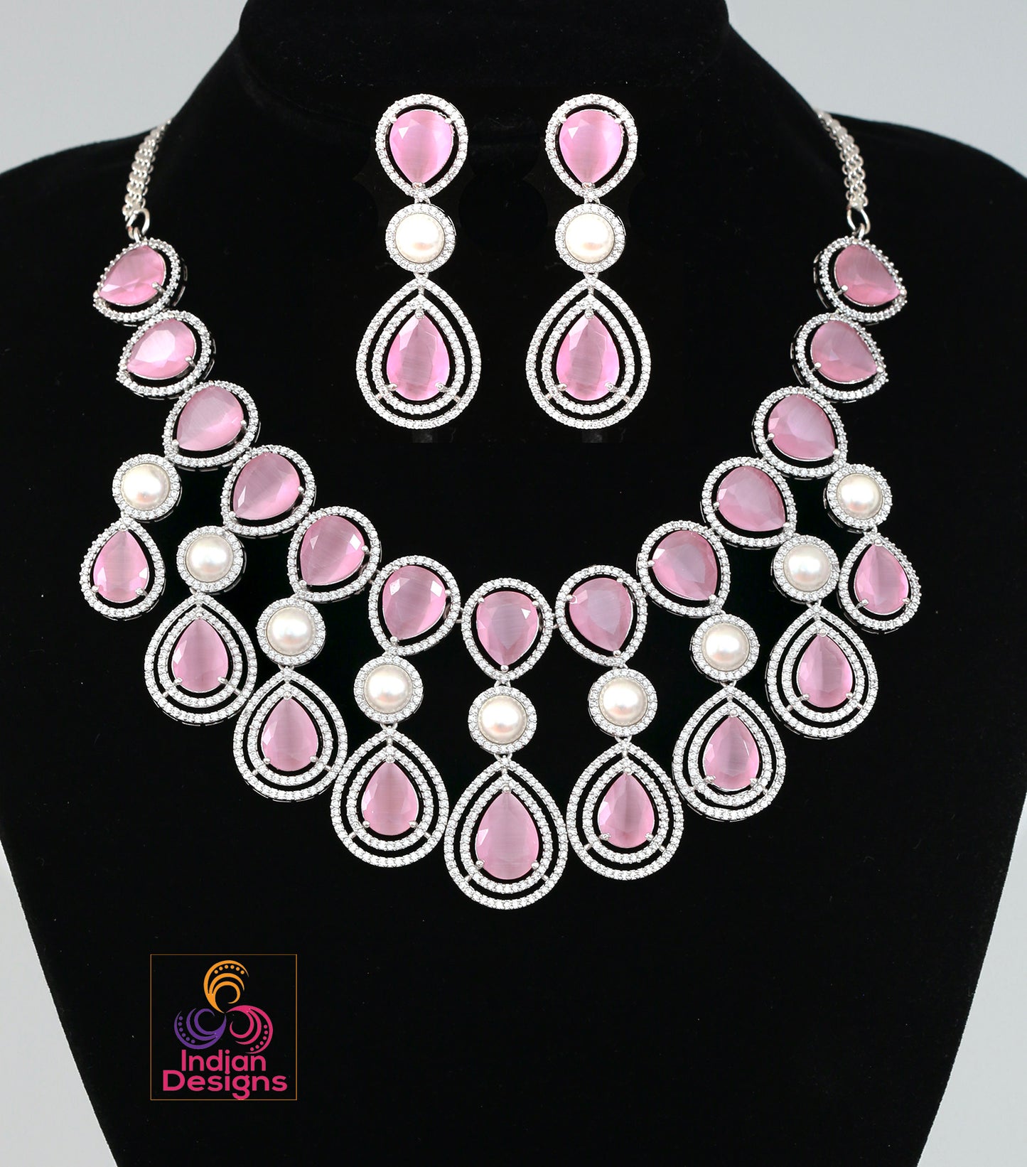 Exclusively High quality American diamond Tear drop Pear shaped CZ color stone Necklace | Silver AD necklace Earring set