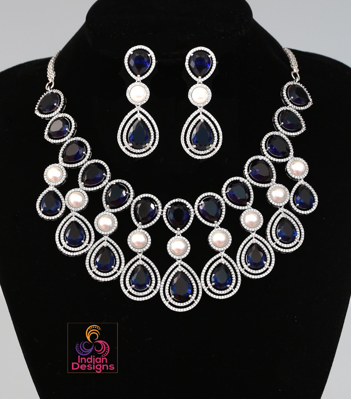 Exclusively High quality American diamond Tear drop Pear shaped CZ color stone Necklace | Silver AD necklace Earring set