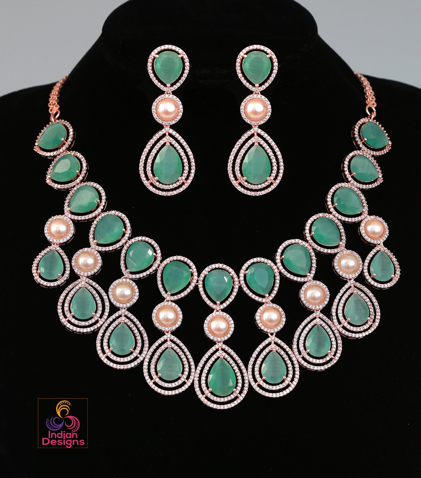 Rose Gold American Diamond Wedding Jewelry|Unique Design Necklace|Indian Wedding Jewelry|Gift For Her