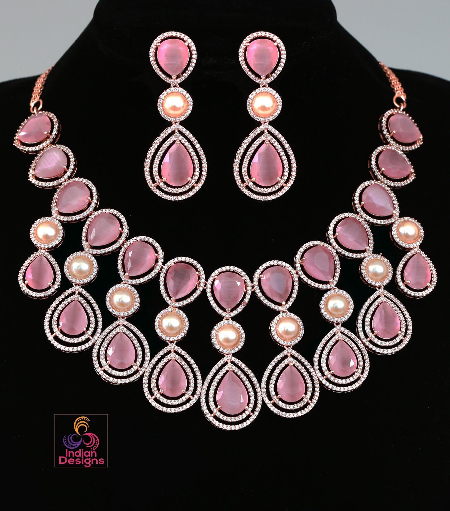Rose Gold American Diamond Wedding Jewelry|Unique Design Necklace|Indian Wedding Jewelry|Gift For Her