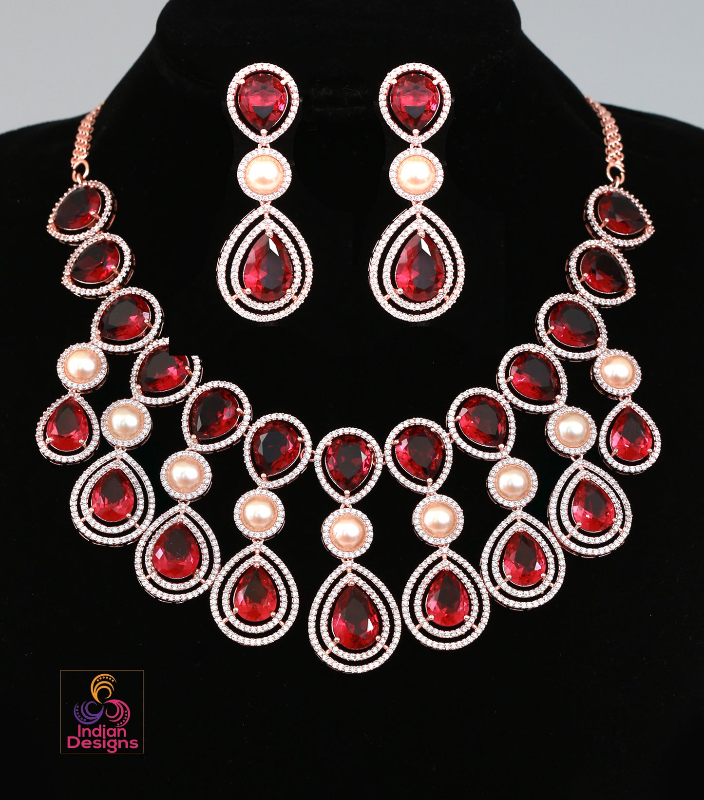 Rose Gold American Diamond Wedding Jewelry|Unique Design Necklace|Indian Wedding Jewelry|Gift For Her