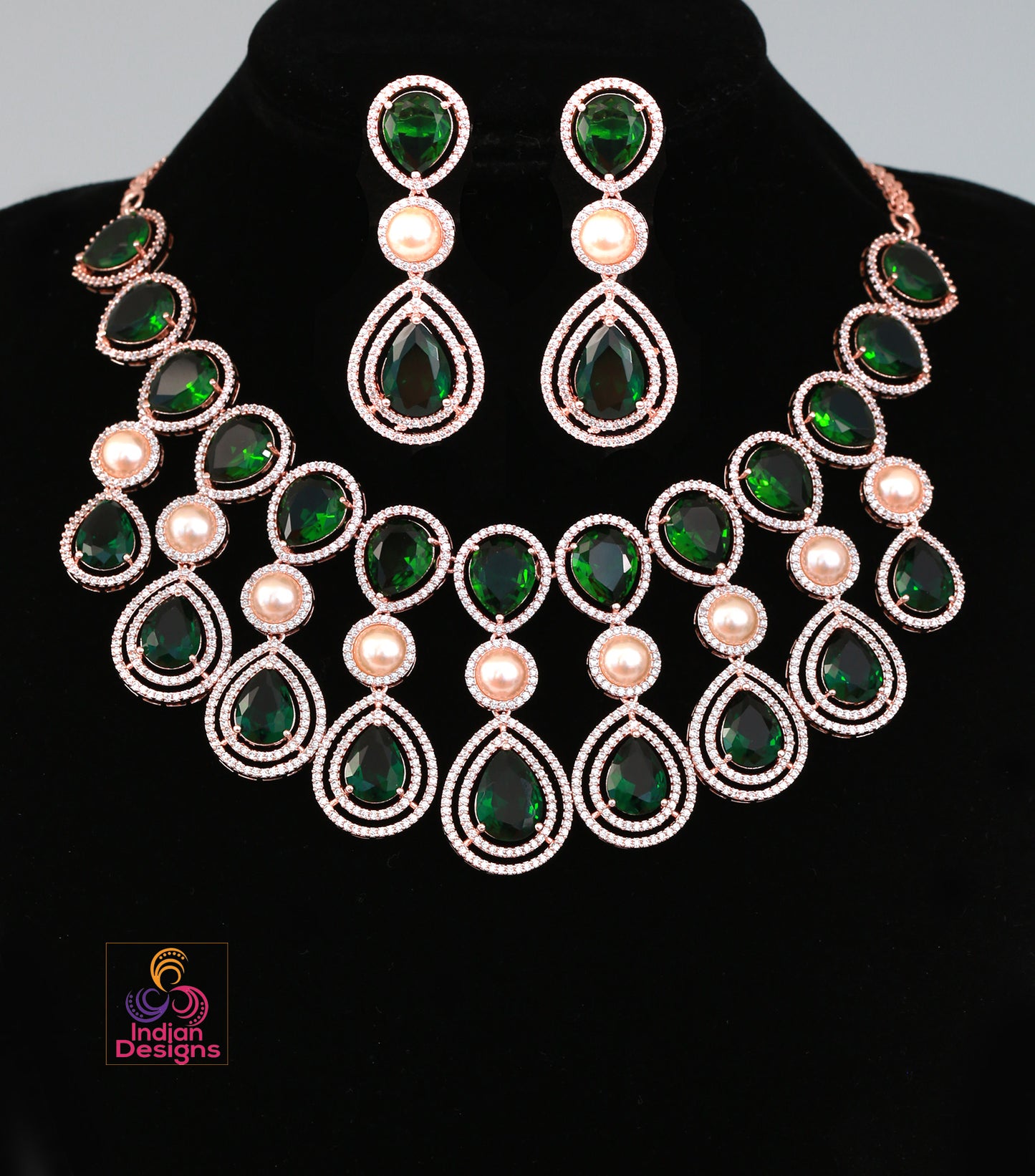 Rose Gold American Diamond Wedding Jewelry|Unique Design Necklace|Indian Wedding Jewelry|Gift For Her