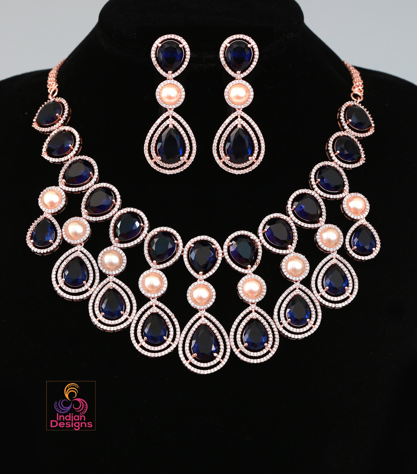 Rose Gold American Diamond Wedding Jewelry|Unique Design Necklace|Indian Wedding Jewelry|Gift For Her