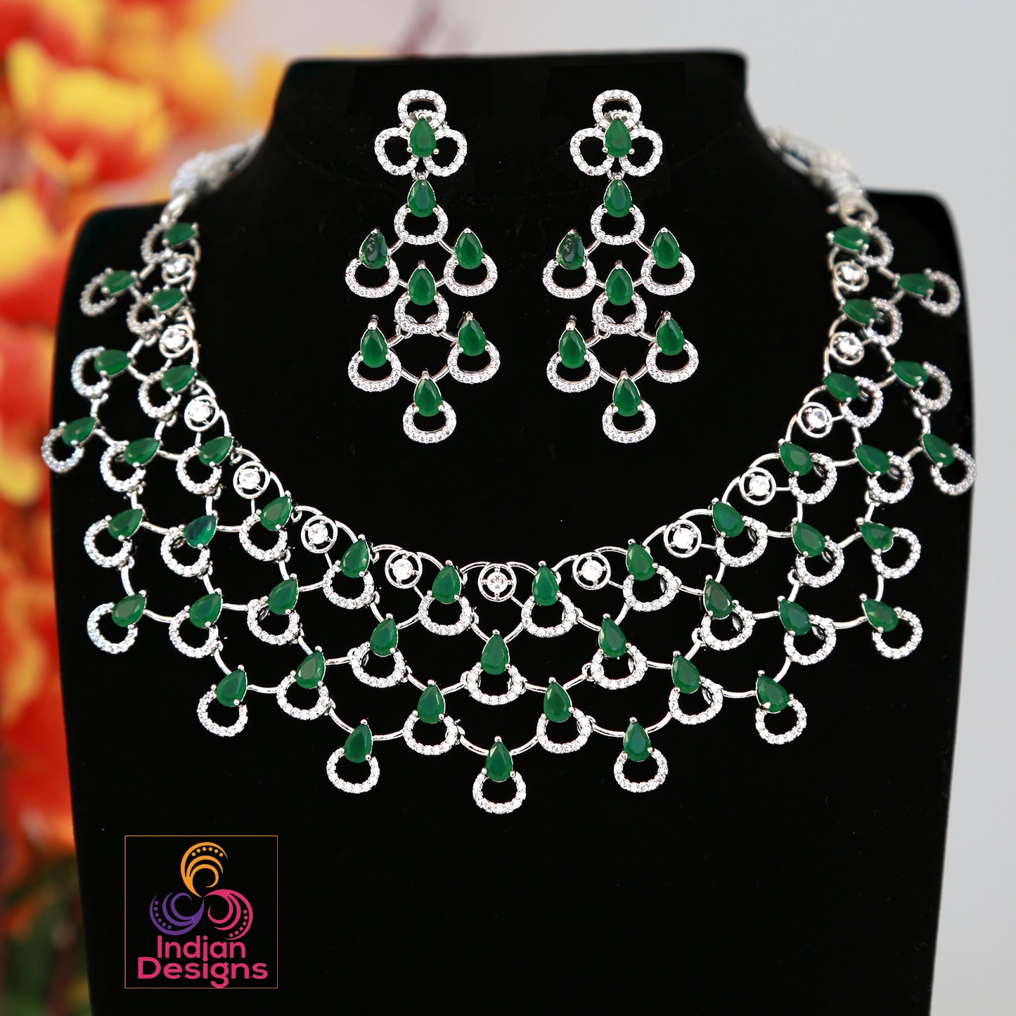 Silver American diamond choker Necklace|Tear Drop CZ Emerald stone necklace|Bollywood Indian,Pakistani Wedding bridal necklace|Gift for her