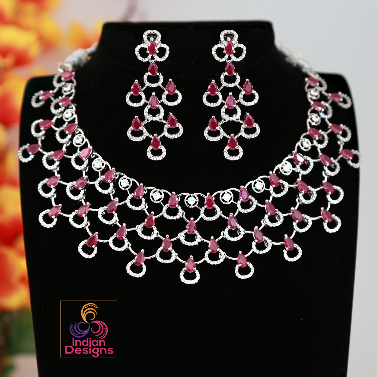 Silver American diamond choker Necklace|Tear Drop CZ Emerald stone necklace|Bollywood Indian,Pakistani Wedding bridal necklace|Gift for her