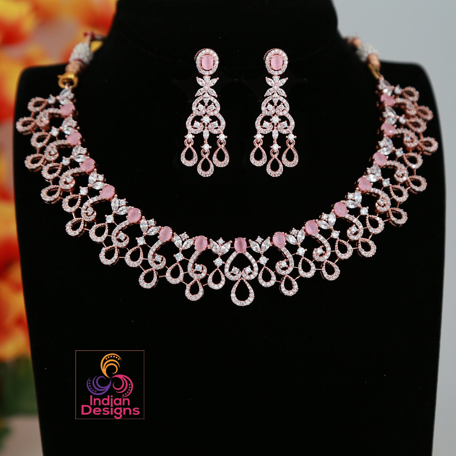 Rose Gold American Diamond Necklace Set Pink CZ Diamond 