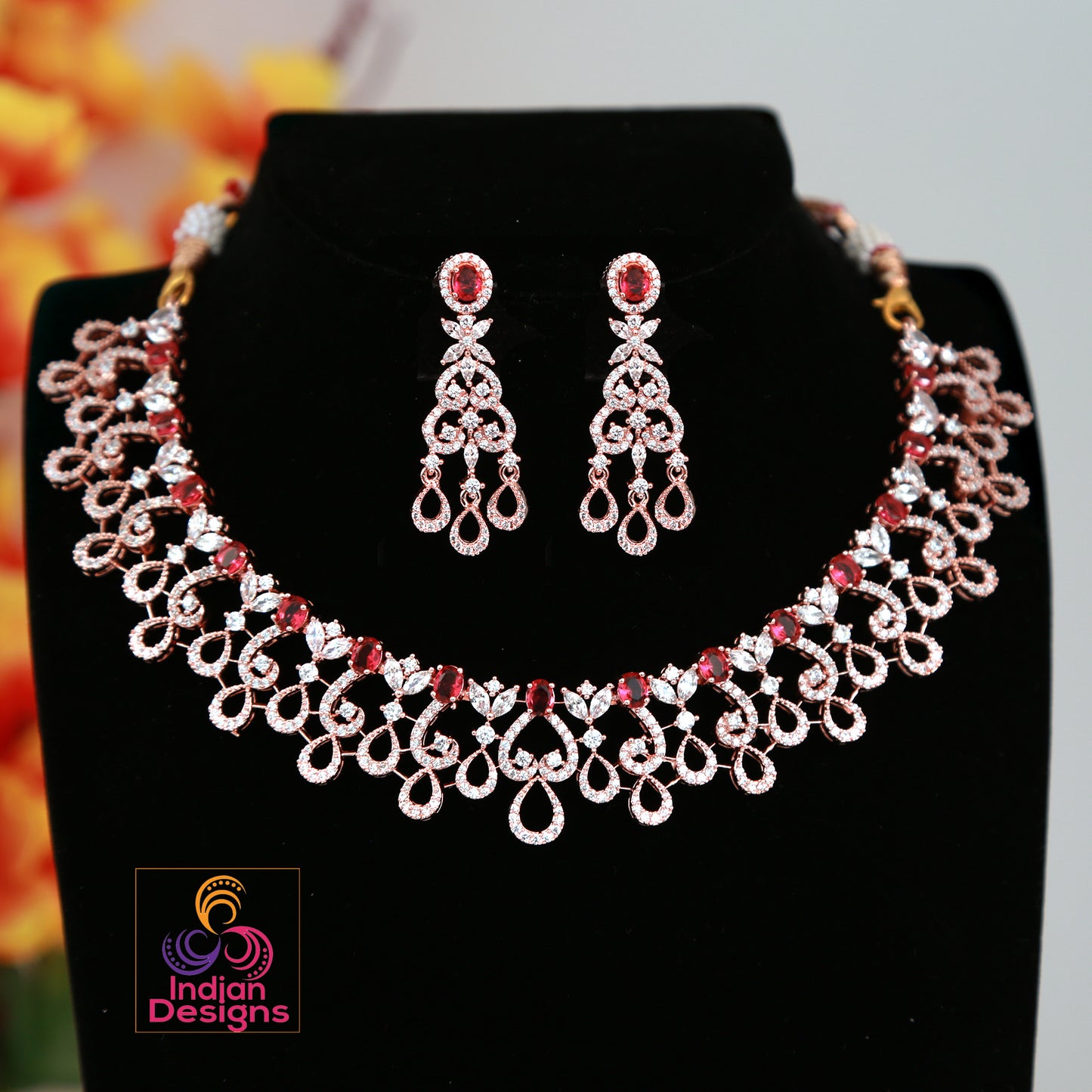 American Diamond rose gold set|Pink Diamond Luxury look CZ Diamond Choker Necklace|Indian Wedding jewelry |Bollywood bridal set|Gift for her