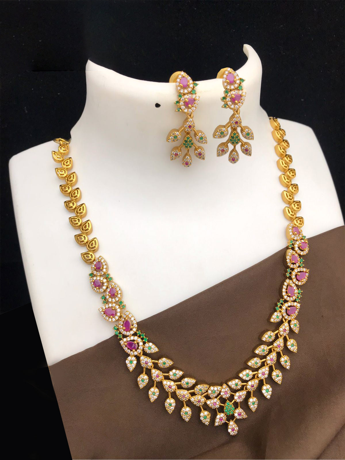 Antique gold Matte Finish South Indian necklace| Gold Plated Indian Jewelry|Pear shaped emerald stone Necklace |American Diamond Jewelry set