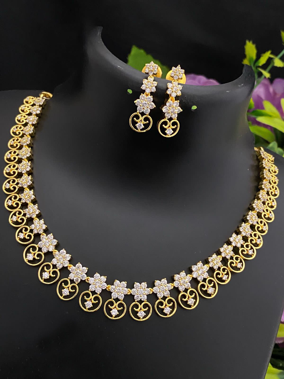 22K Gold Finish American Diamond Crystal Floral Design Necklace Earrings|Ruby Emerald stone Necklace set