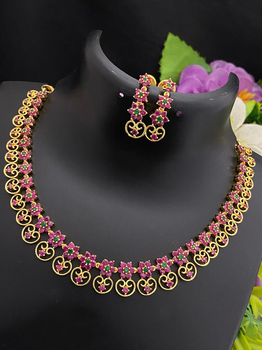 22K Gold Finish American Diamond Crystal Floral Design Necklace Earrings|Ruby Emerald stone Necklace set