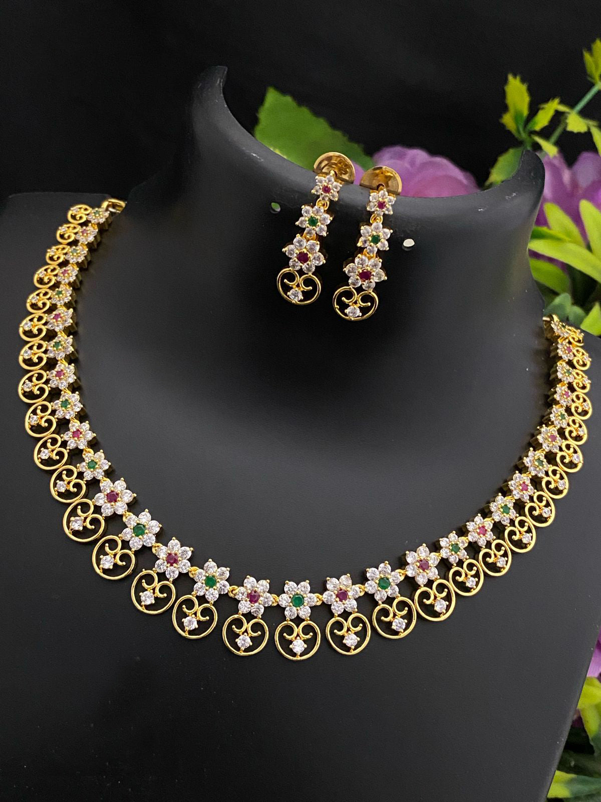 22K Gold Finish American Diamond Crystal Floral Design Necklace Earrings|Ruby Emerald stone Necklace set