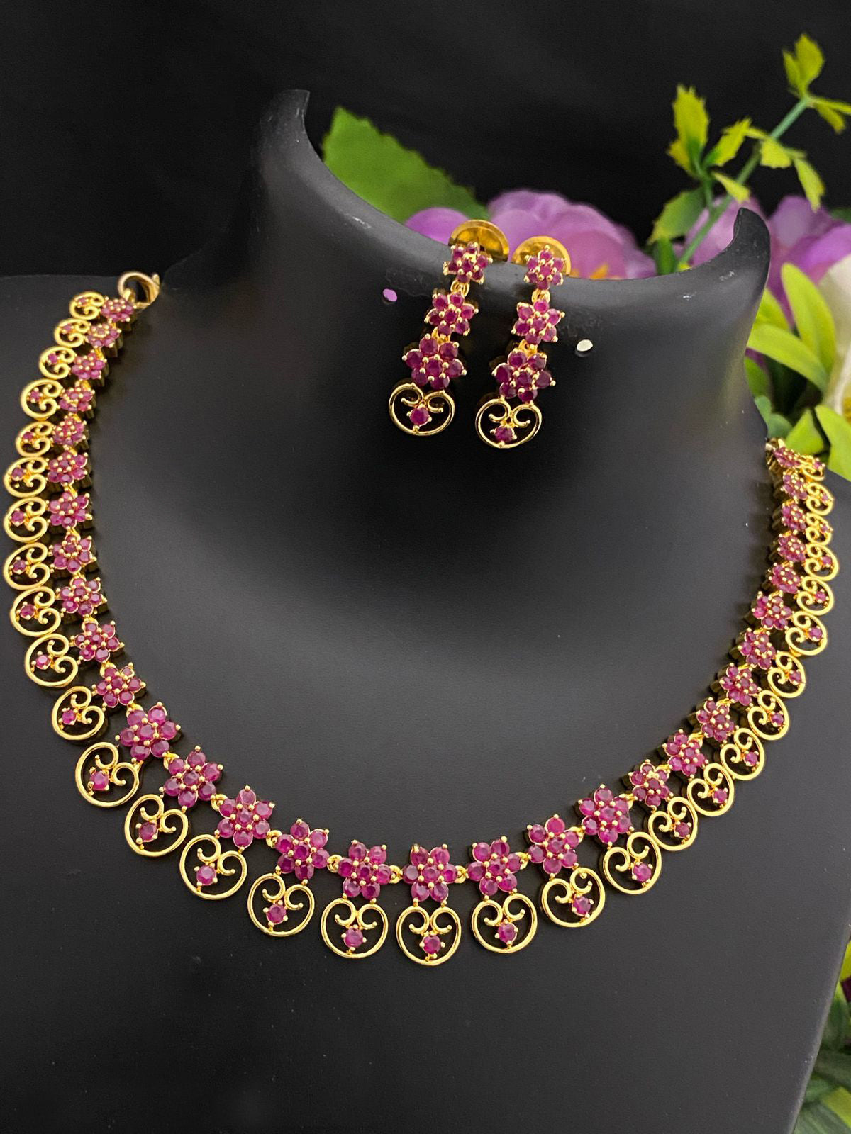 22K Gold Finish American Diamond Crystal Floral Design Necklace Earrings|Ruby Emerald stone Necklace set