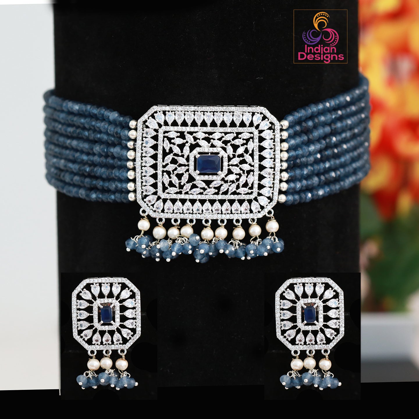 Rose Gold American Diamond choker | Multi strand beaded necklace with Crystal Pendant | CZ choker | Indian Wedding Jewelry | Pink CZ Choker