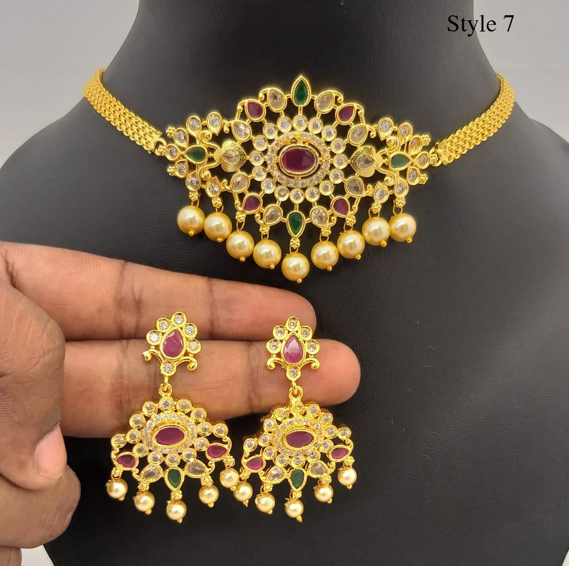 South Indian choker necklace designs | Small gold choker necklace designs with Pearl drops and AD stones | American Diamond Necklace online