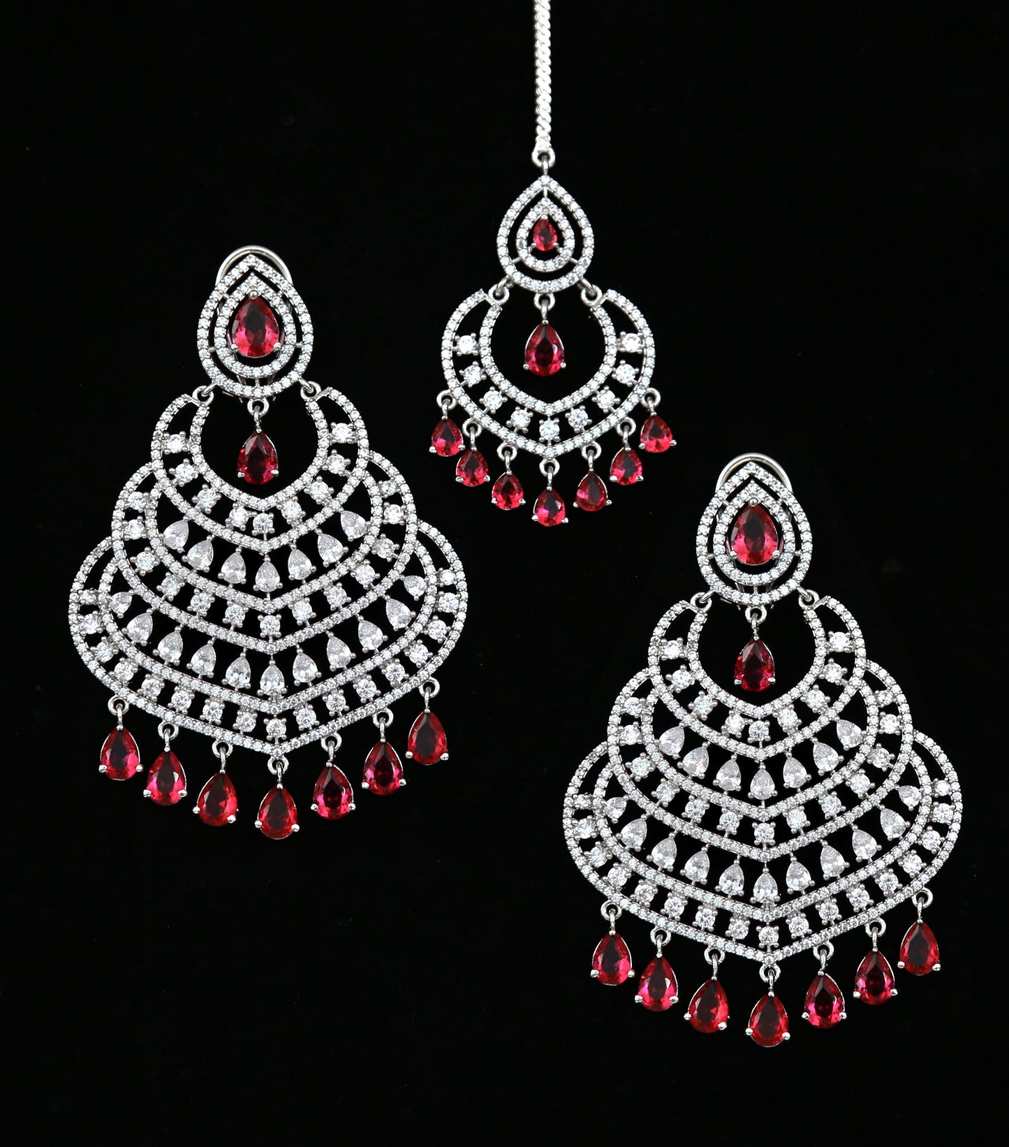 Silver American Diamond Chandbali Earring Tikka set|Indian Jhumka Earrings|Pakistani Indian Chandbali tikka set