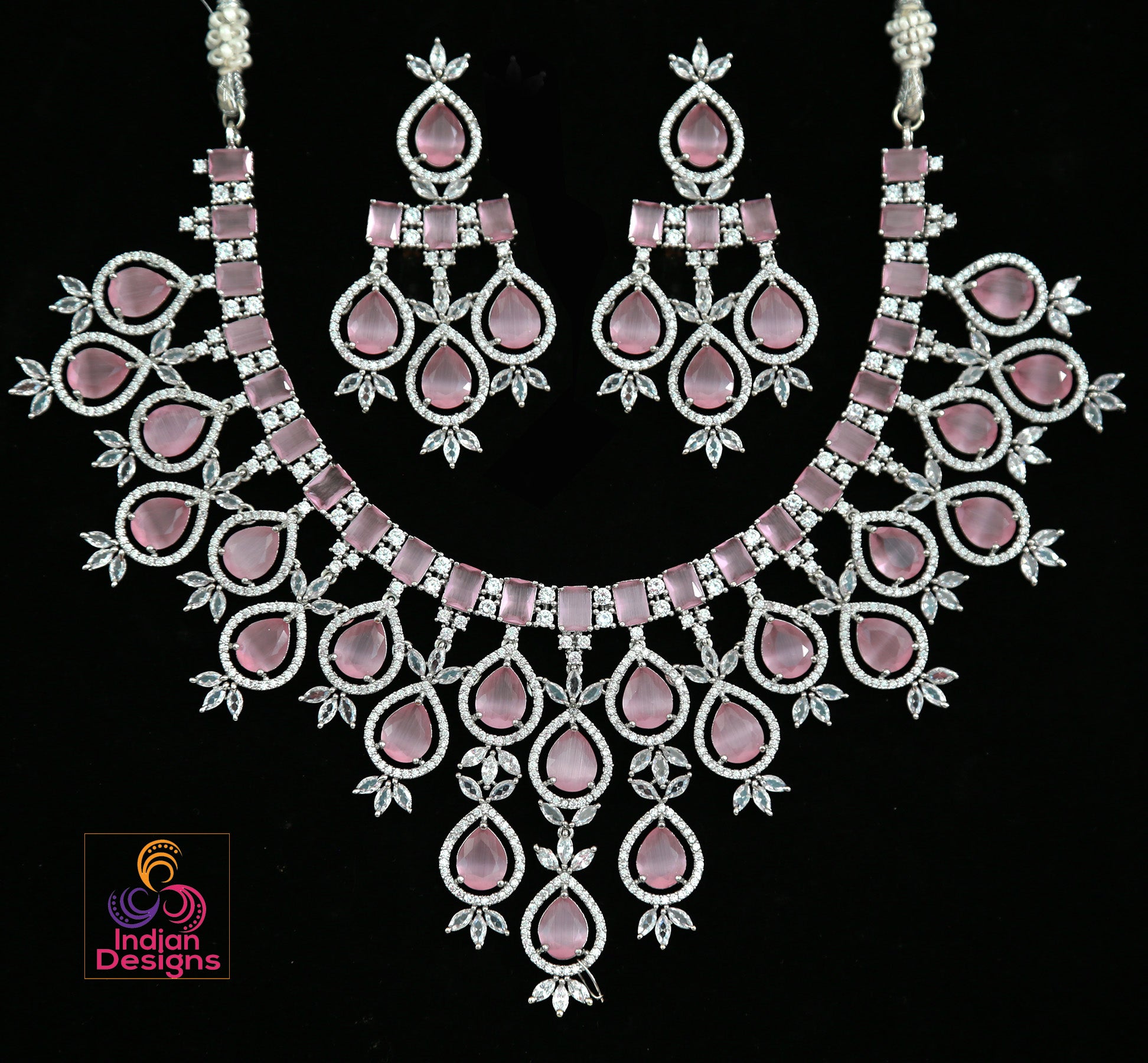Light pink silver plated cz diamond Necklace set  Pink jewelry set, Bridal necklace  designs, Choker necklace set