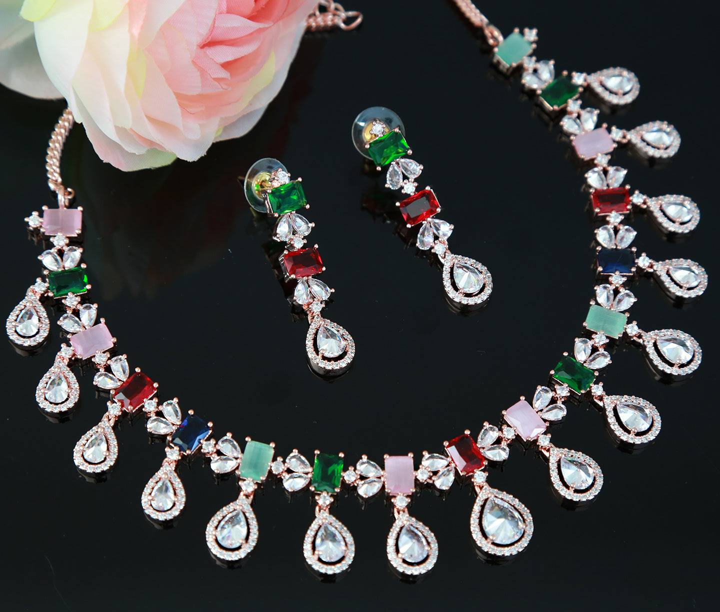 Rose Gold American diamond necklace set | Pear shaped drop CZ diamond necklace | Indian jewelry ruby necklace | Bollywood jewelry sets