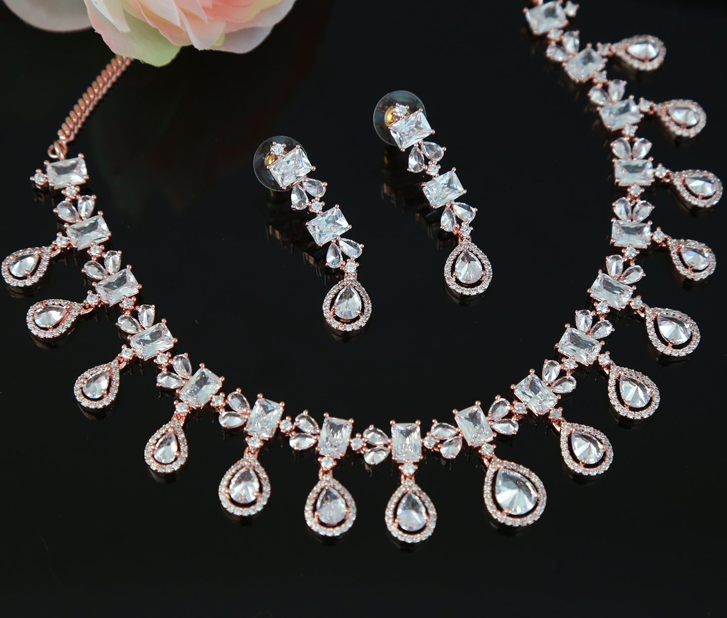 Rose Gold American diamond necklace set | Pear shaped drop CZ diamond necklace | Indian jewelry ruby necklace | Bollywood jewelry sets
