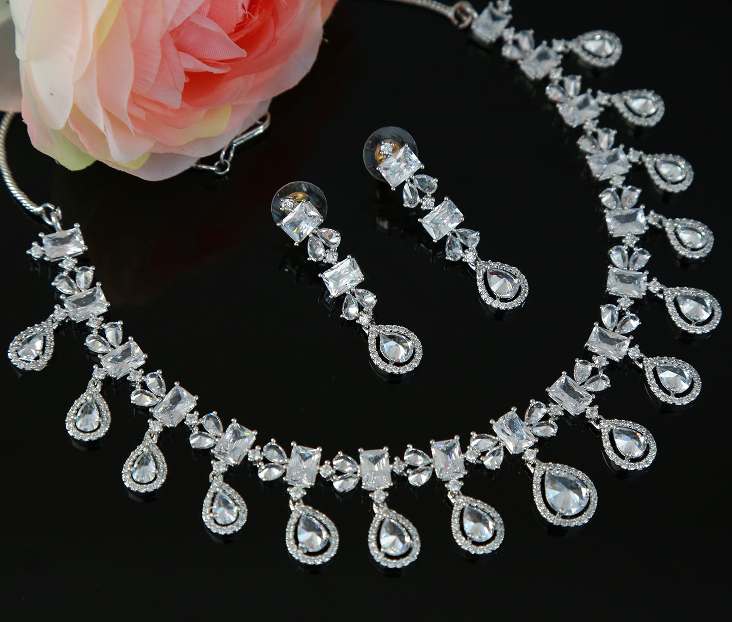 Rose Gold American diamond necklace set | Pear shaped drop CZ diamond necklace | Indian jewelry ruby necklace | Bollywood jewelry sets