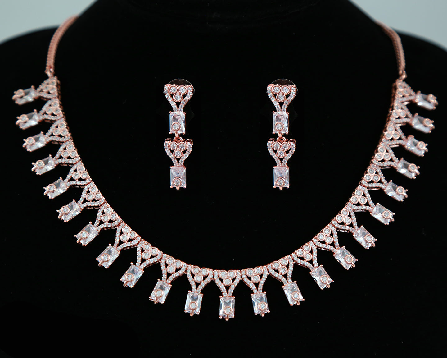 Rose Gold American diamond necklace set | CZ color stone necklace designs | Pink necklace and earring set | Mint green statement necklace
