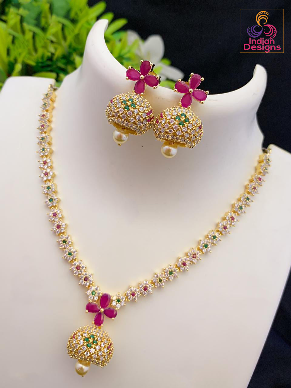 American diamond necklace Exclusive design | Floral emerald pendant necklace | Indian Cz necklace and earring sets | Jhumka necklace set