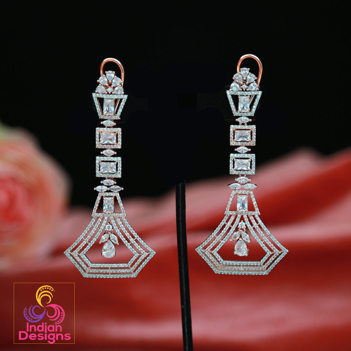 Fashion earrings for women | Rose gold chandelier earrings Designs | American Diamond rose gold earrings for wedding | Pink diamond earrings