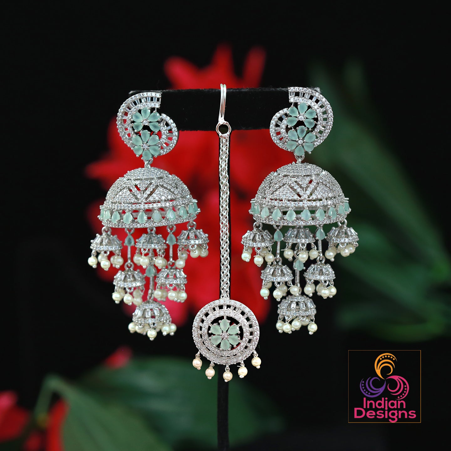 Big Silver-Rose Gold Jhumka Earrings with mangtikka | American Diamond Jhumki | Indian jewelry | Pakistani bridal jhumkas | Pearl jhumkas