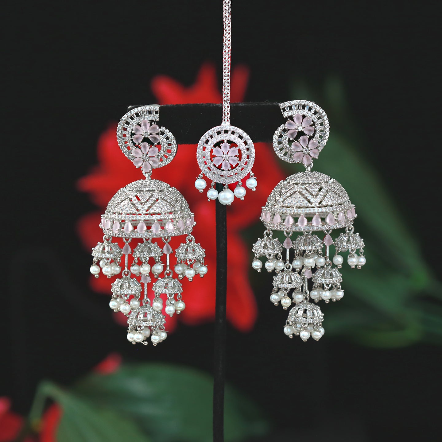 Big Silver-Rose Gold Jhumka Earrings with mangtikka | American Diamond Jhumki | Indian jewelry | Pakistani bridal jhumkas | Pearl jhumkas