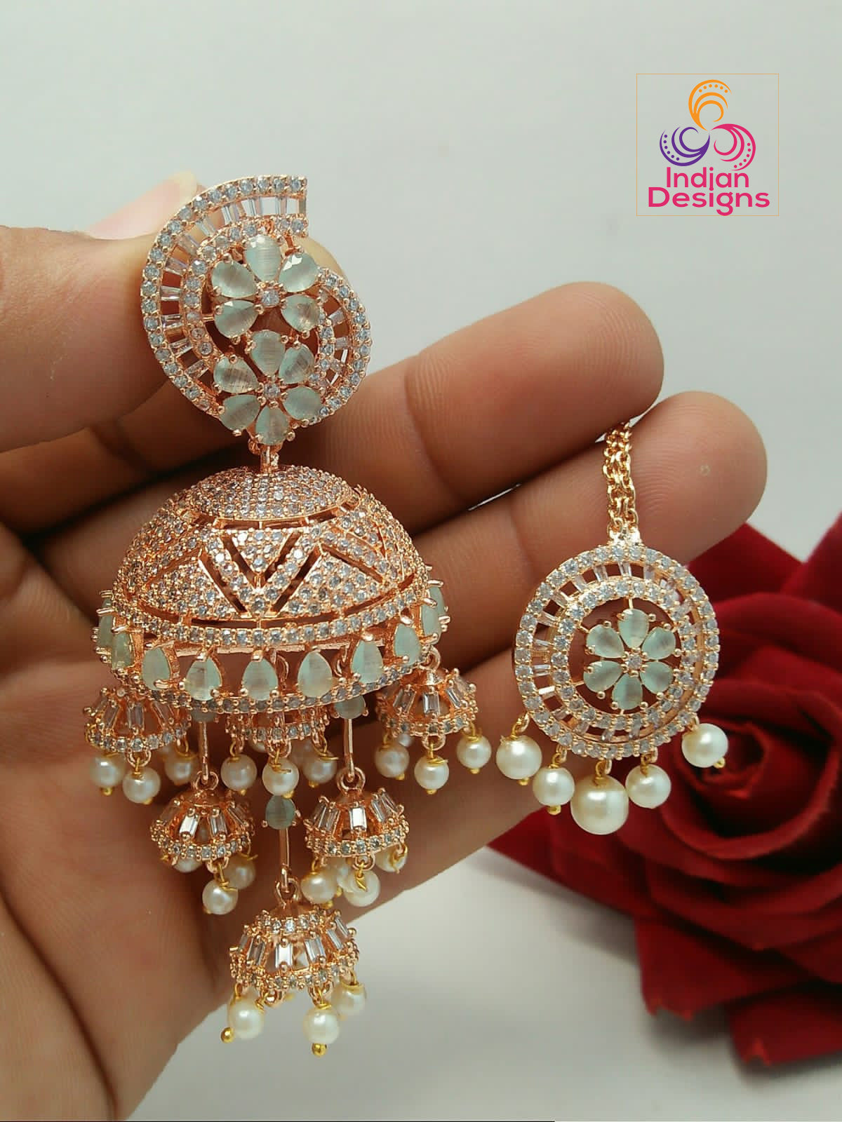 Big Silver-Rose Gold Jhumka Earrings with mangtikka | American Diamond Jhumki | Indian jewelry | Pakistani bridal jhumkas | Pearl jhumkas