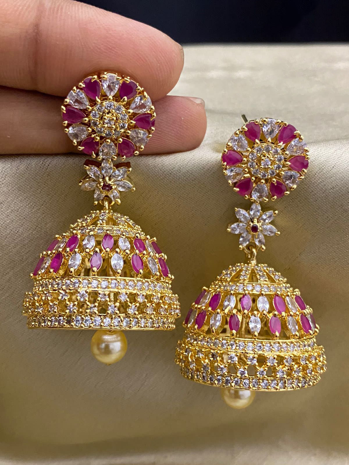 Multi stone Gold Jhumka Earrings | Ruby emerald and white stone pearl drop Jhumka
