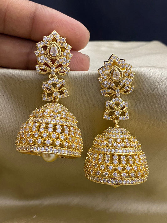 American Diamond Golden Jhumka Design | CZ white stone Bridal Jhumka with pearl drop