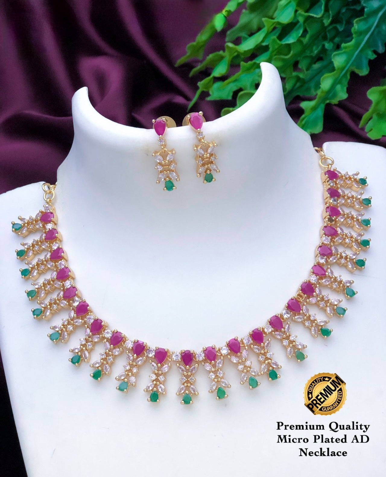 American Diamond Ruby Emerald White stone Necklace| CZ stone floral design Necklace| small choker Necklace | Indian jewelry