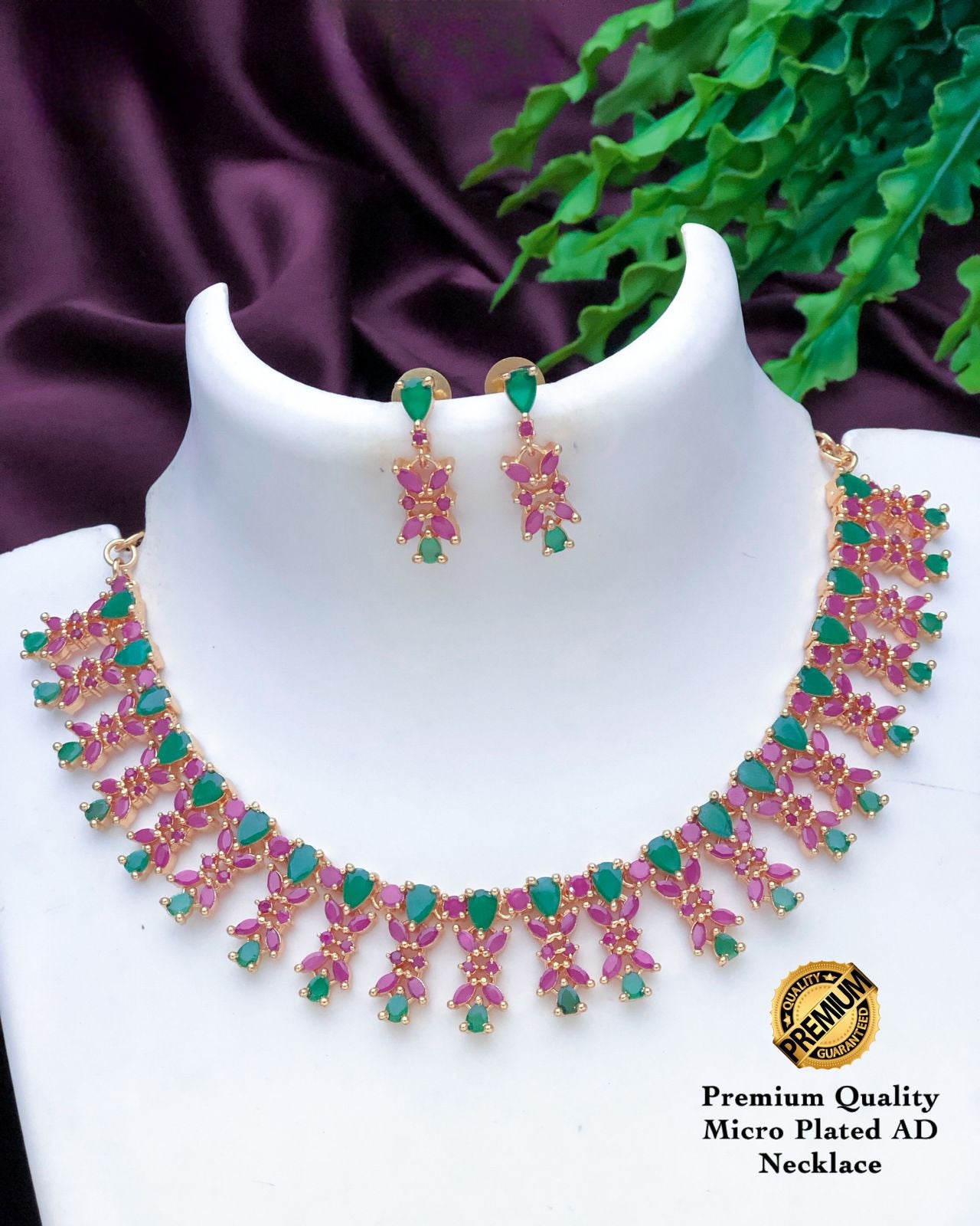 American Diamond Ruby Emerald White stone Necklace| CZ stone floral design Necklace| small choker Necklace | Indian jewelry