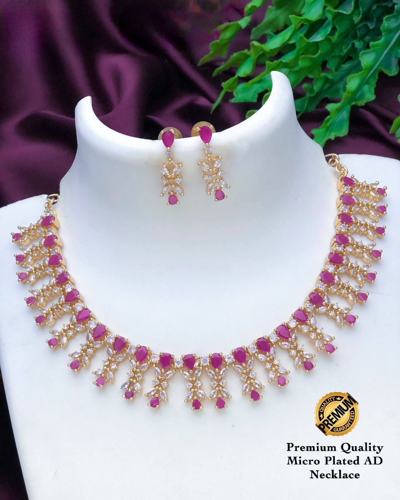 American Diamond Ruby Emerald White stone Necklace| CZ stone floral design Necklace| small choker Necklace | Indian jewelry