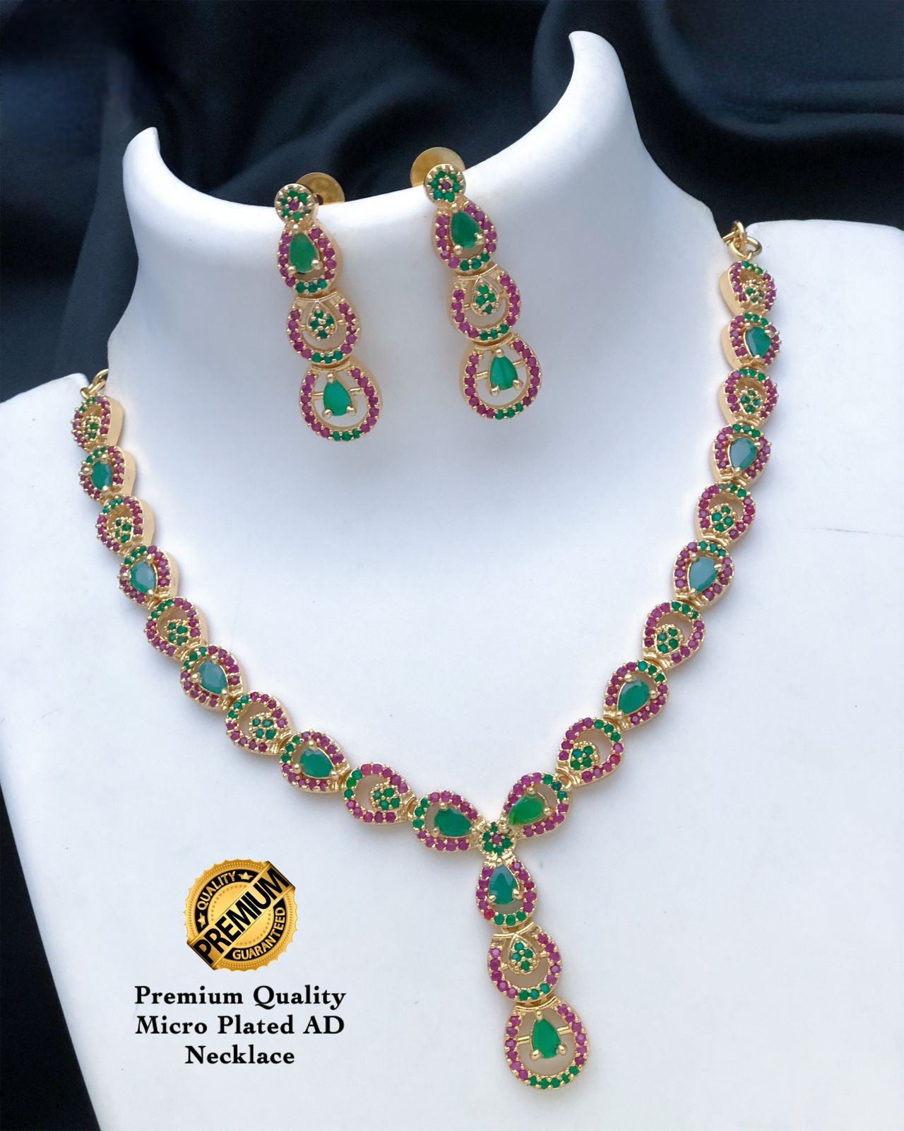 Cute Designer American Diamond Ruby Emerald Necklace earring set|One Gram gold Unique design CZ AD necklace Indian jewelry| Gift for her