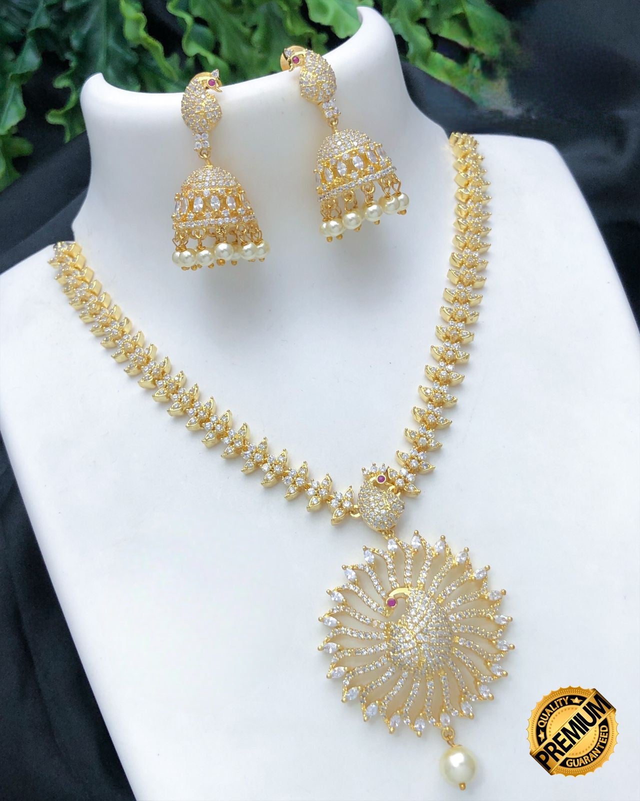 Gold plated American Diamond Dancing Peacock Pendant Necklace Jhumka Earring set|South Indian jewelry|AD necklace set| Ruby Emerald jewelry