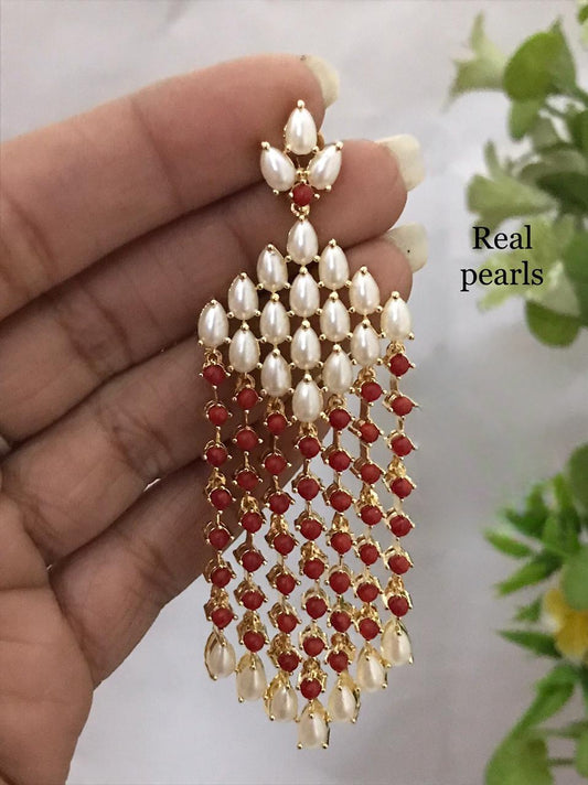 Red coral and Real Pearl Multi-strand Drop Earrings in Gold tone|Wedding Earrings|Long dangle drop coral Earrings