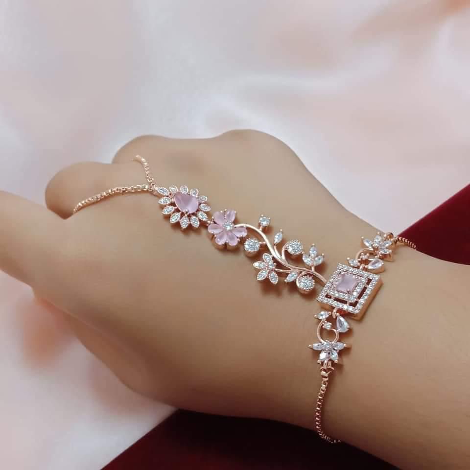 Rose-Gold American Diamond Hath Panja | Bangle Bracelet ring combo| Indian wedding jewelry hath pool