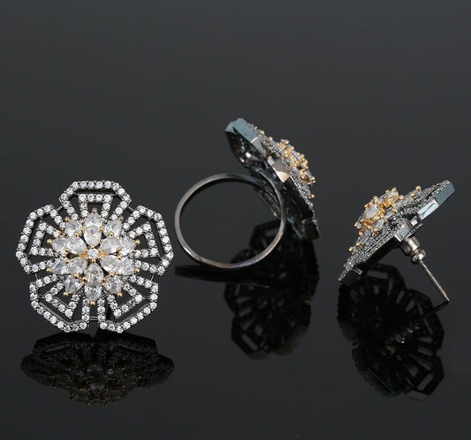 Top Quality Clear CZ Simulated Diamond Stud earrings and Adjustable Finger Ring