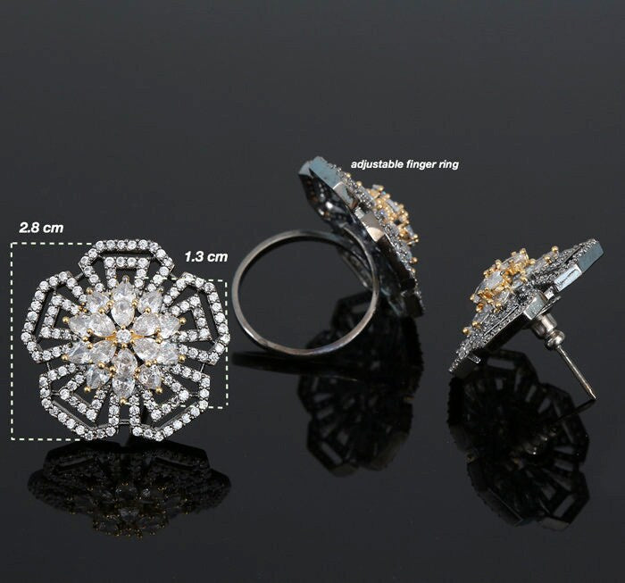 Top Quality Clear CZ Simulated Diamond Stud earrings and Adjustable Finger Ring