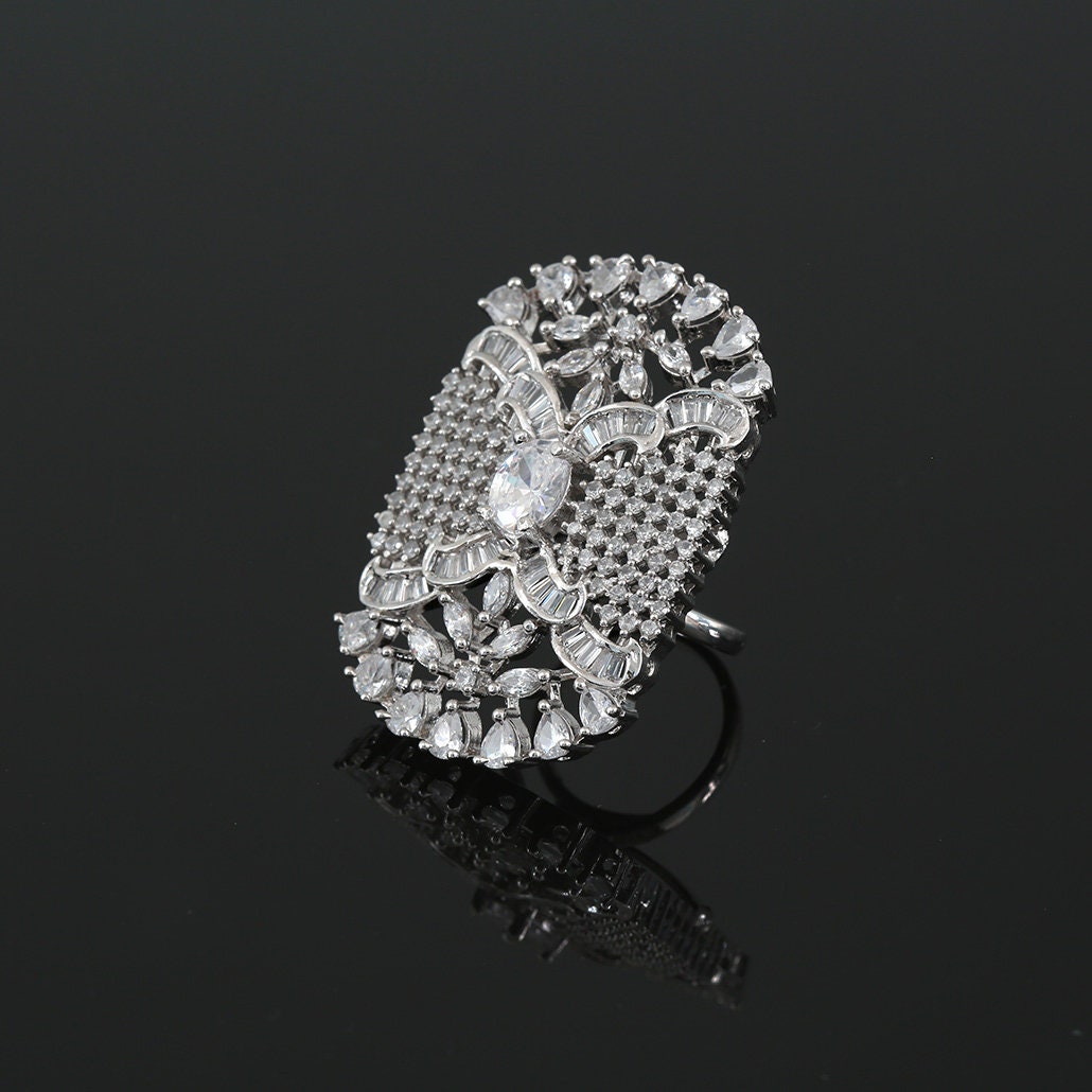 Marquise shape Clear CZ Rhodium Plated Alloy Crystal Adjustable Ring for women and girls